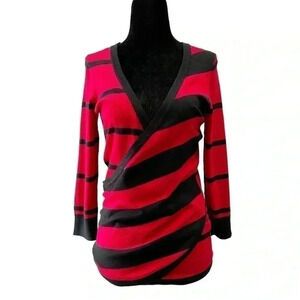 Ricki’s Wrap Front Sweater  Deep V Neckline Thin Knit Red Black Stripes XS